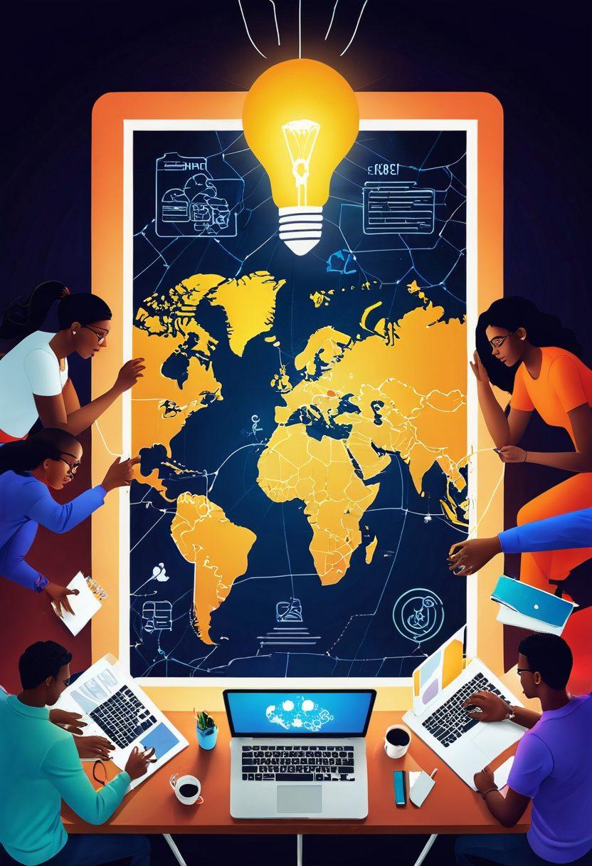 A diverse group of people collaborating around a table, laptops and notebooks open, brainstorming ideas with light bulbs illuminating above, representing a vibrant blogging community. Background featuring a digital world map with interconnected lines, symbolizing global connections. Warm and inviting color palette to evoke a sense of community and support. super-realistic. vibrant colors. 3D.
