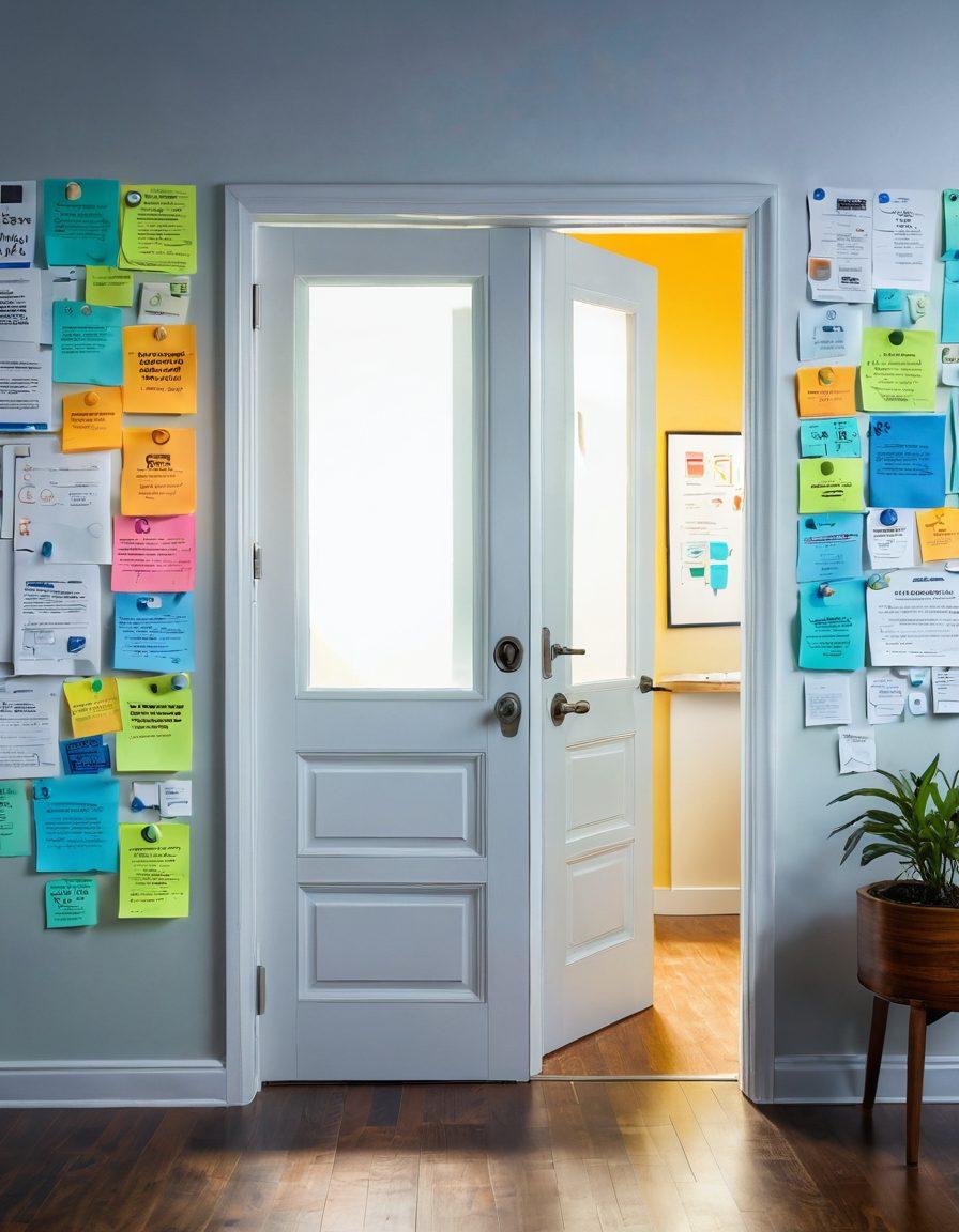 A dynamic visual of a key unlocking a glowing door, with imagery of diverse content formats (blogs, videos, infographics) flowing out. The background features a vibrant startup office setting with brainstorming elements, like sticky notes and whiteboards. The color palette should convey energy and optimism, using bright blues and greens. include thematic icons like lightbulbs and gears to symbolize growth and strategy. super-realistic. vibrant colors. white background.